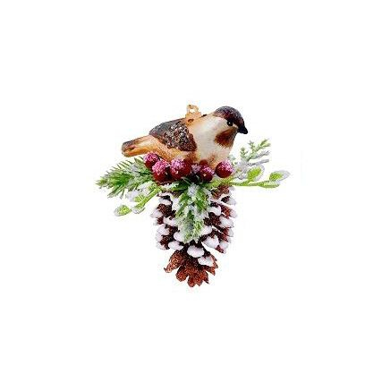 Ёлочная игрушка ЛЕСНАЯ ПТИЦА НА ШИШКЕ БЕЖЕВЫЙ, Holiday Classics, 10*9 см | Фото 1